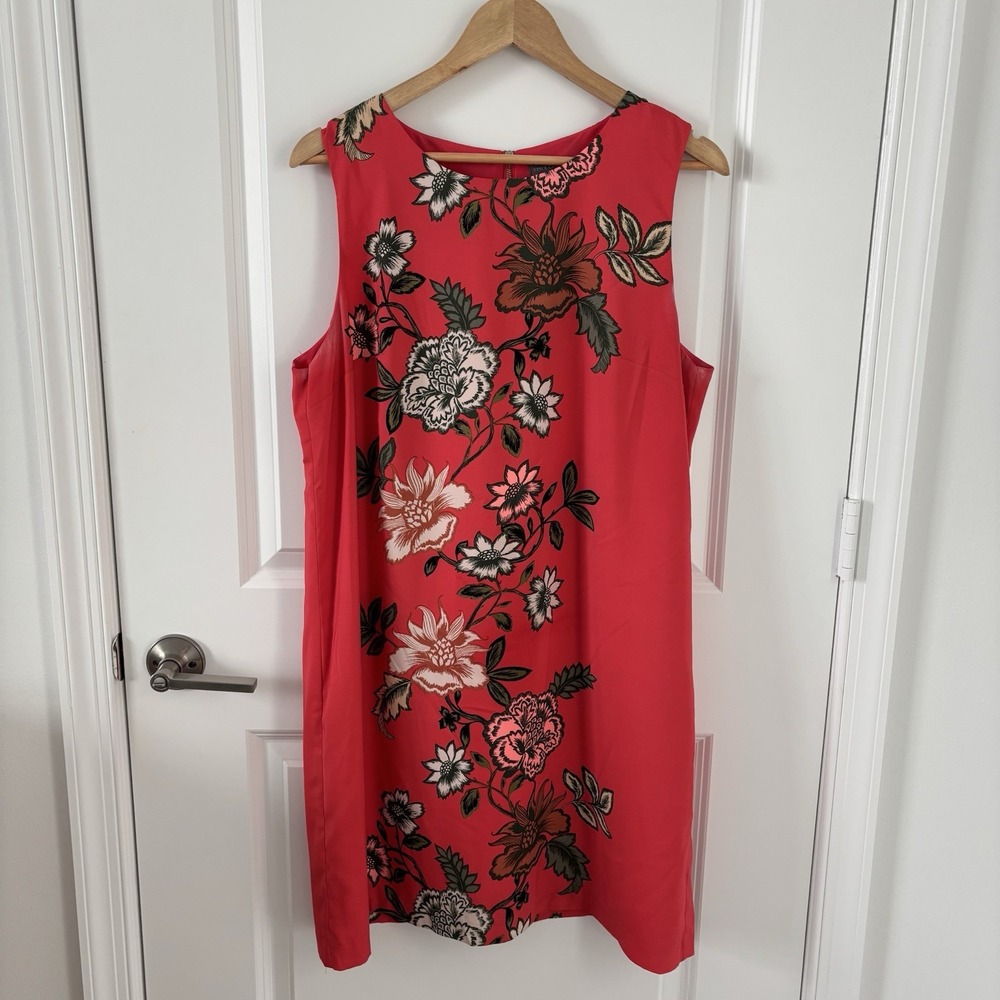 Vince Camuto Floral Shift Dress Red Coral Sleeveless Womens Size 14 Career Party